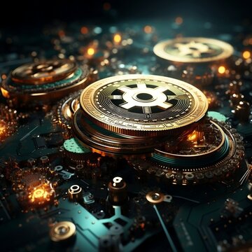 Bitcoin spiral with copper coins, bitcoins and a circle 3d rendering royalty free image