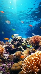 A vibrant coral reef teeming with colorful fish underwater