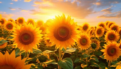 Fototapeta premium A beautiful sunset over a field of vibrant sunflowers