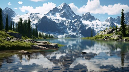 A serene mountain lake surrounded by lush trees