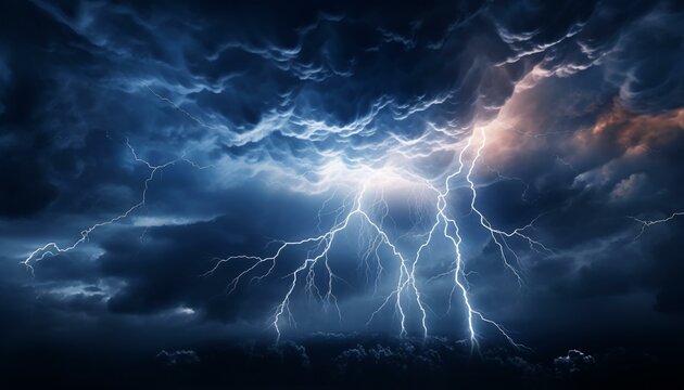 A powerful storm with lightning illuminating the dark sky