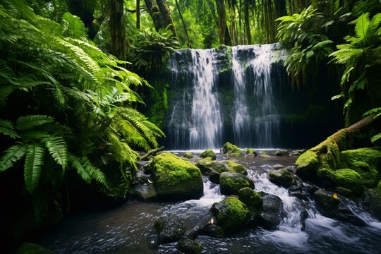 A serene waterfall surrounded by vibrant greenery in a peaceful forest setting