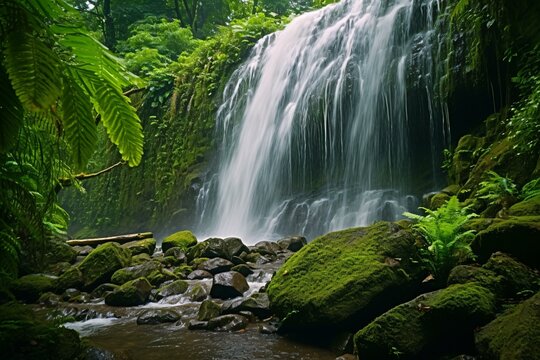 A majestic waterfall surrounded by a vibrant green forest