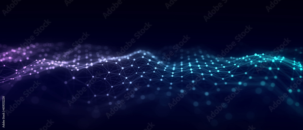Poster Technology blue hexagon wave of particles and lines. Big data visualization. Analytics representation. Digital background. 3d rendering.