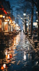  an atmospheric winter evening on a city street, with the warm glow of restaurant lights reflecting on the wet pavement, melting snow, and inviting open-air seating awaiting customers.