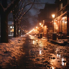 snow-lined street, golden hue of café lights and the sparkle of festive decorations, lights reflecting off the snow, creating a magical, warm, inviting vibrant atmosphere, quiet snow-covered streets.