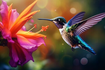 A hummingbird in flight near a vibrant flower with a blurred background - obrazy, fototapety, plakaty