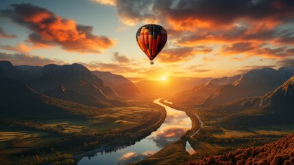 Serene hot air balloon journey during the sunset hours. Generative AI