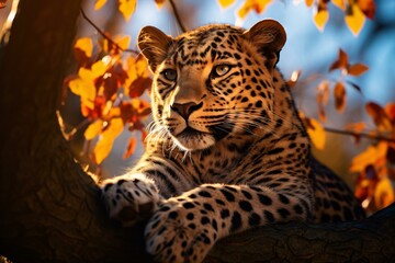 A majestic leopard perched on a tree branch in the wild
