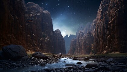 A serene river flowing through a dramatic canyon under a starry night sky