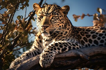 A majestic leopard perched on a tree branch