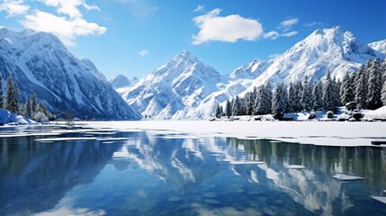 A serene lake nestled amidst snow-capped mountains and majestic evergreen trees