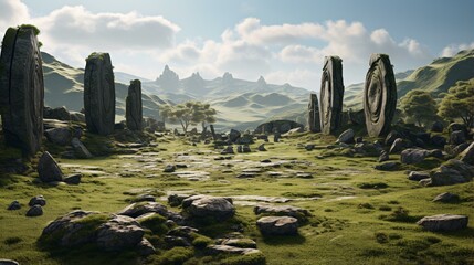 A serene landscape with rocks and lush green grass