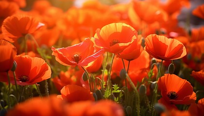 A vibrant field of orange flowers with the sun shining in the background
