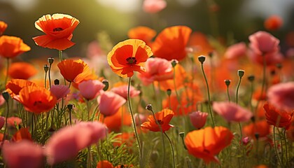 Fototapeta premium A vibrant field of red and orange flowers