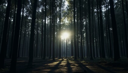 Sun rays filtering through a dense forest