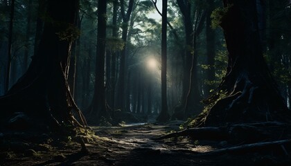 A mystical forest with rays of light streaming through the dense foliage