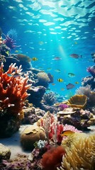A vibrant underwater coral reef teeming with colorful fish