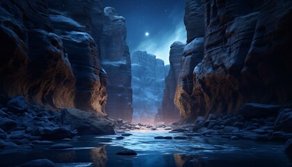A full moon illuminating a river flowing through a majestic rocky canyon