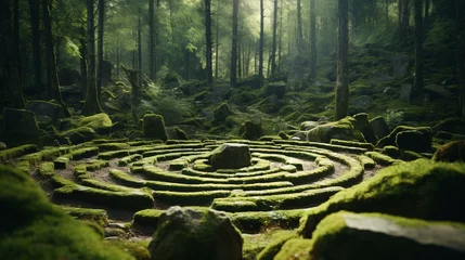 Gordijnen A mesmerizing circular maze hidden deep within a enchanting forest © KWY