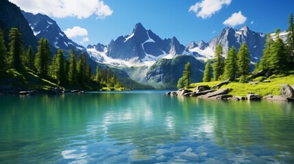 A serene mountain lake surrounded by towering pine trees
