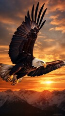 A majestic bald eagle soaring through a vibrant sunset