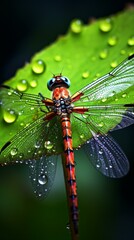 A vibrant red dragonfly perched delicately on a lush green leaf