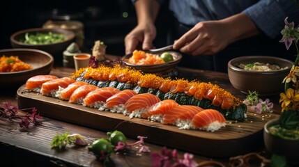Skilled chefs hands meticulously preparing sushi ingre. Generative AI