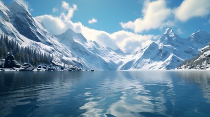 A serene lake nestled among snow-capped mountains