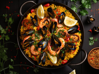 Spanish paella with seafood and saffron