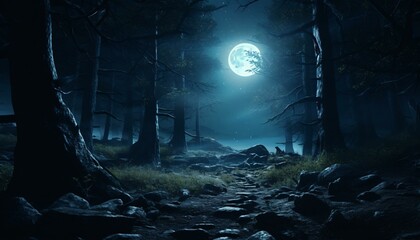 A mysterious forest illuminated by the full moon