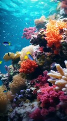 A vibrant coral reef teaming with colorful fish