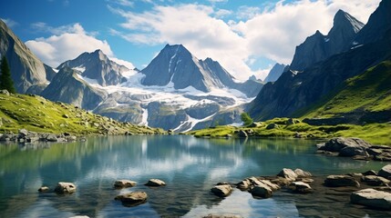 Fototapeta na wymiar A serene mountain lake with a picturesque landscape