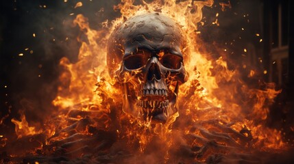 Skull engulfed in flames creating a powerful and symbol. Generative AI - obrazy, fototapety, plakaty