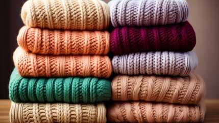 Stack of cozy knitted sweaters close-up. Generative AI