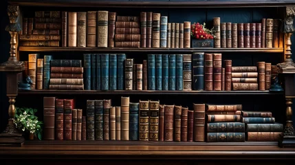 Foto op Plexiglas Stack of hardcover books inside a traditional oak book. Generative AI © ProVector