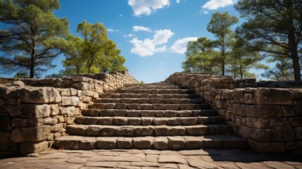 Staircase leading up to a sturdy stone wall. Generative AI