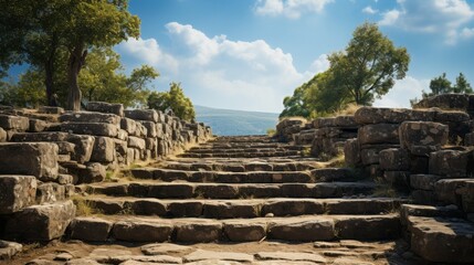Staircase leading up to a sturdy stone wall. Generative AI