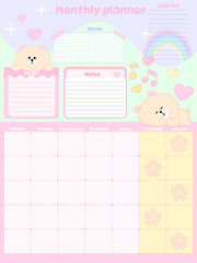 Cute monthly planner inspiration notepaper design printable .  White pink pages for tags , weekly notes,  to do list minimal style with animal cartoon character kawaii school board timetable 2024