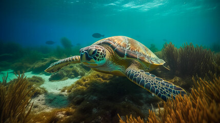 Naklejka na ściany i meble Sea turtle underwater, blue clear water, sun's rays make their way through water. Underwater world. Sea inhabitants. Generated by AI