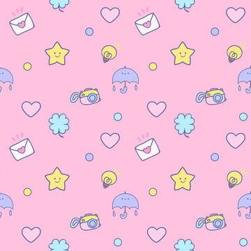 Kids seamless pattern with kawaii retro elements photo, digital, cartoon animals character , star, hearts  and accessories, mail  2000 90's wallpaper pink purple