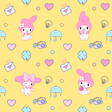 seamless pattern with animals Kids  kawaii retro elements photo, digital, cartoon animals character , star, hearts  and accessories, mail  2000 90's wallpaper pink purple