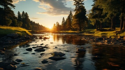 Obraz premium Suns descent casting a warm glow over a tranquil river. Generative AI