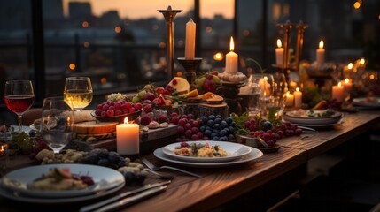 Fototapeta premium Table adorned with food and candles creating an inviti. Generative AI