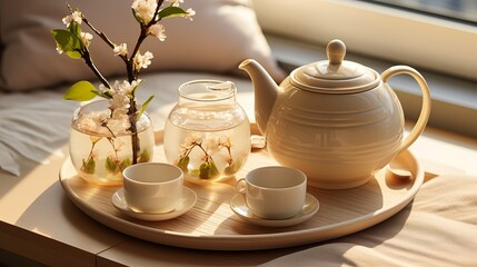 Obraz na płótnie Canvas Tea set with teacups and saucers inviting relaxation. Generative AI