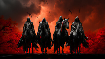 The four - 4 -  horsemen of the apocalypse - Armageddon - end of the world - prophecy - revelations. - bible - the last days - Israel - war - famine  - obrazy, fototapety, plakaty