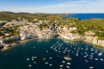 View from drone of Spanish town of Cadaques on bay in Cap de Creus peninsula on Costa Brava