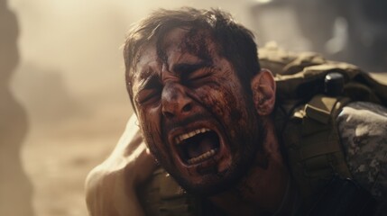 The anguished scream of a soldier, clutching at a ed comrade in a desperate attempt to save their life.