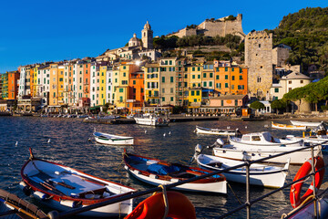 View of Portovenere small colorful town with Doria Castle on Ligurian coast of Italy