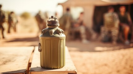 Closeup of an Israel soldiers canteen, a vital source of hydration in the scorching hot desert conditions.